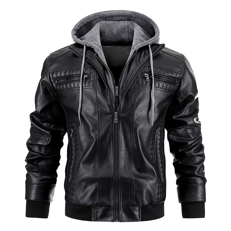 Hooded Jacket With Zipper Pockets Fashion Warm Pu Leather Coat