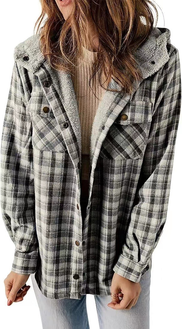 Casual Plaid Hooded Wool Coat with Thick Fleece Lining