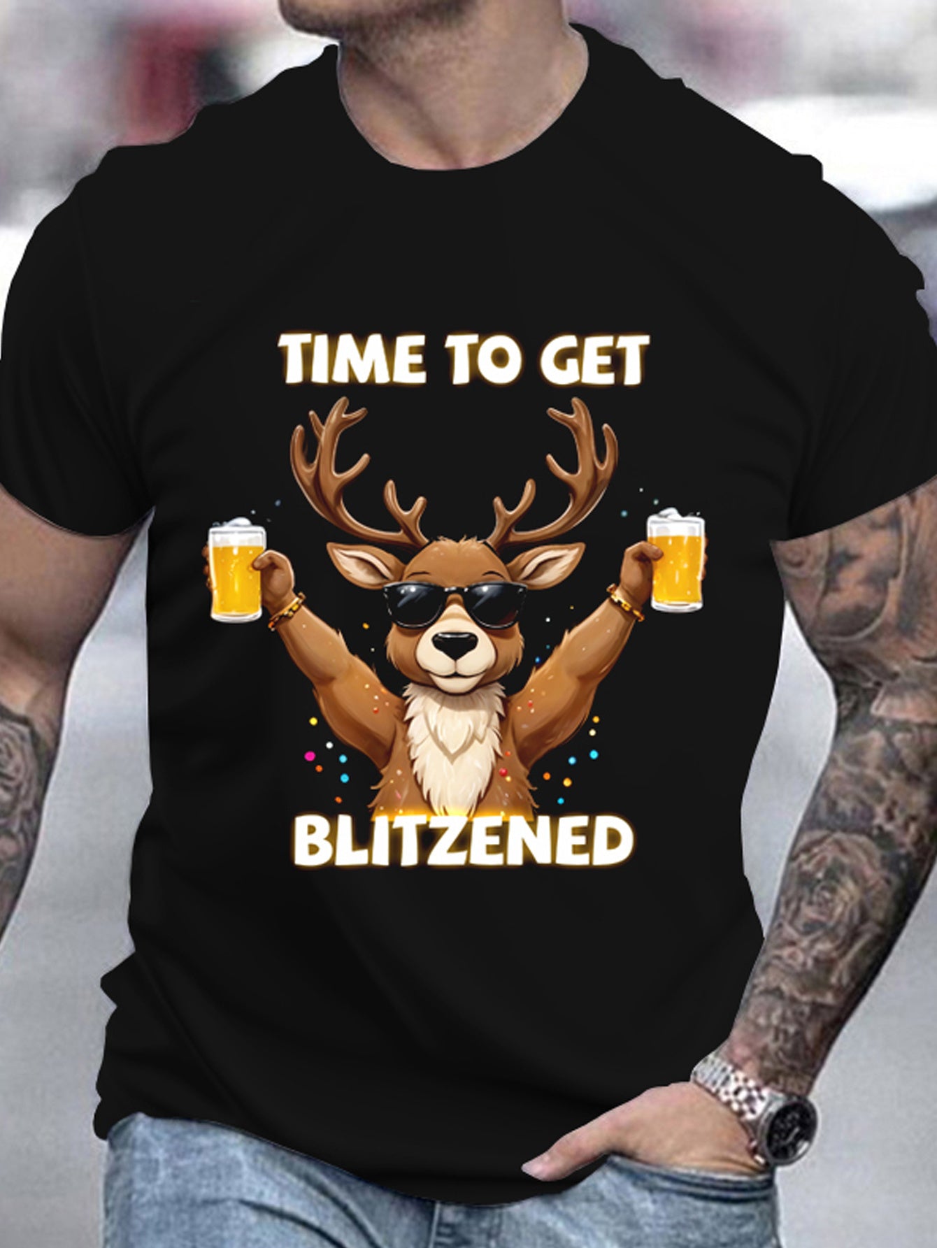 Men's Christmas Deer And Beer 3D Printed T-shirt - Casual Round Neck Short Sleeve, Breathable