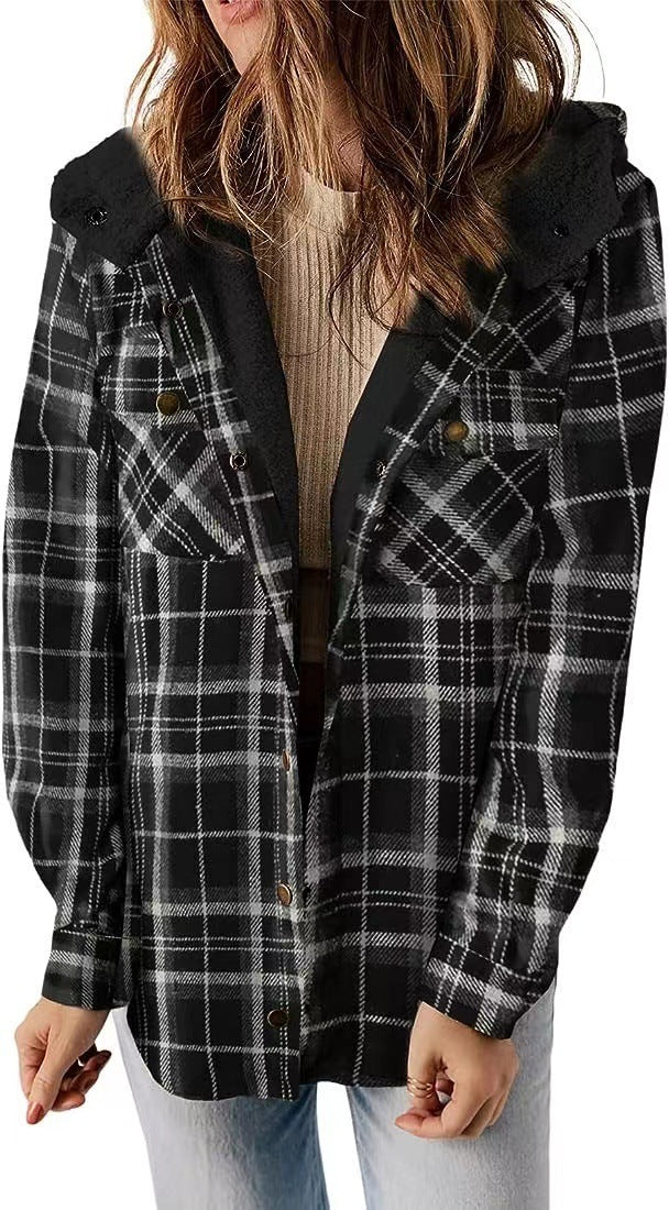 Casual Plaid Hooded Wool Coat with Thick Fleece Lining