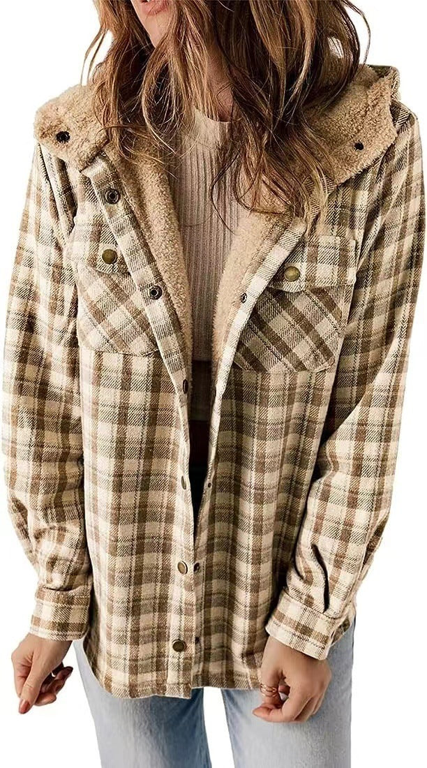 Casual Plaid Hooded Wool Coat with Thick Fleece Lining