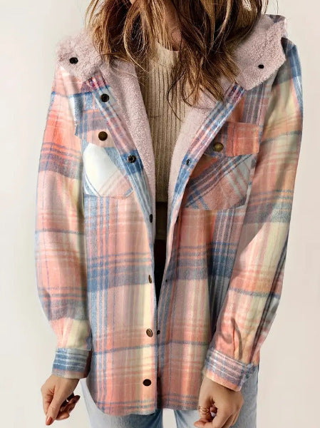 Casual Plaid Hooded Wool Coat with Thick Fleece Lining