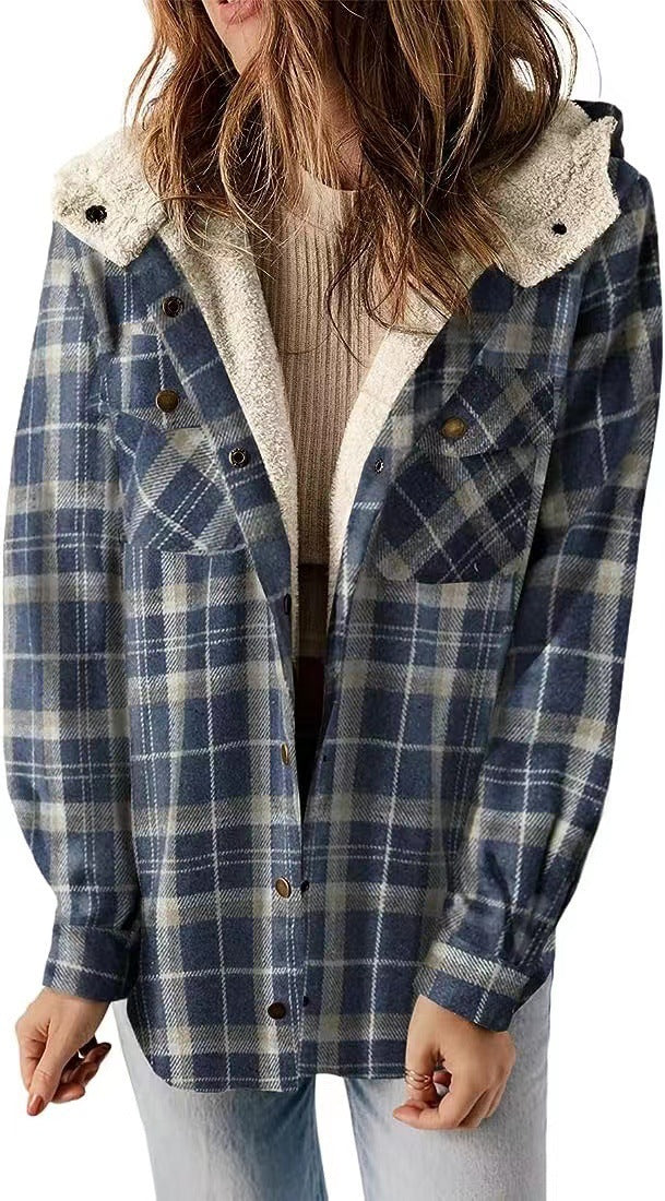 Casual Plaid Hooded Wool Coat with Thick Fleece Lining