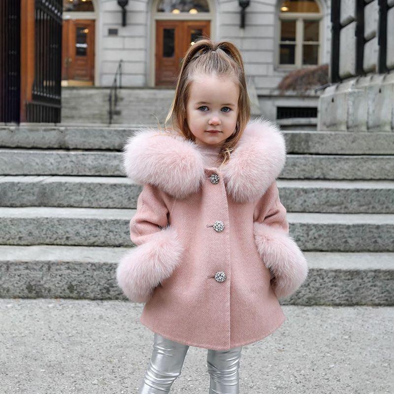 Spring Kid Girls Autumn Warm Woolen Overcoat Fur Coat