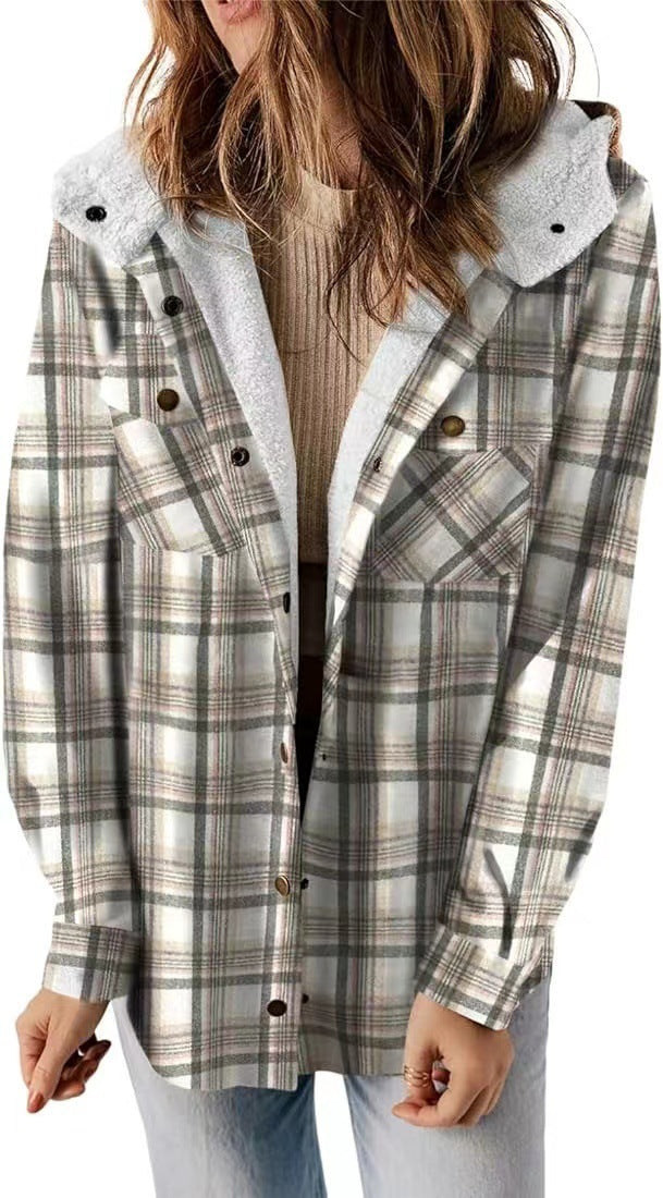 Casual Plaid Hooded Wool Coat with Thick Fleece Lining