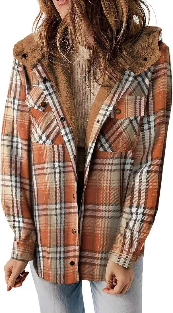 Casual Plaid Hooded Wool Coat with Thick Fleece Lining