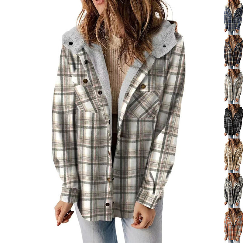 Casual Plaid Hooded Wool Coat with Thick Fleece Lining