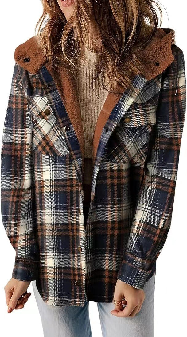 Casual Plaid Hooded Wool Coat with Thick Fleece Lining