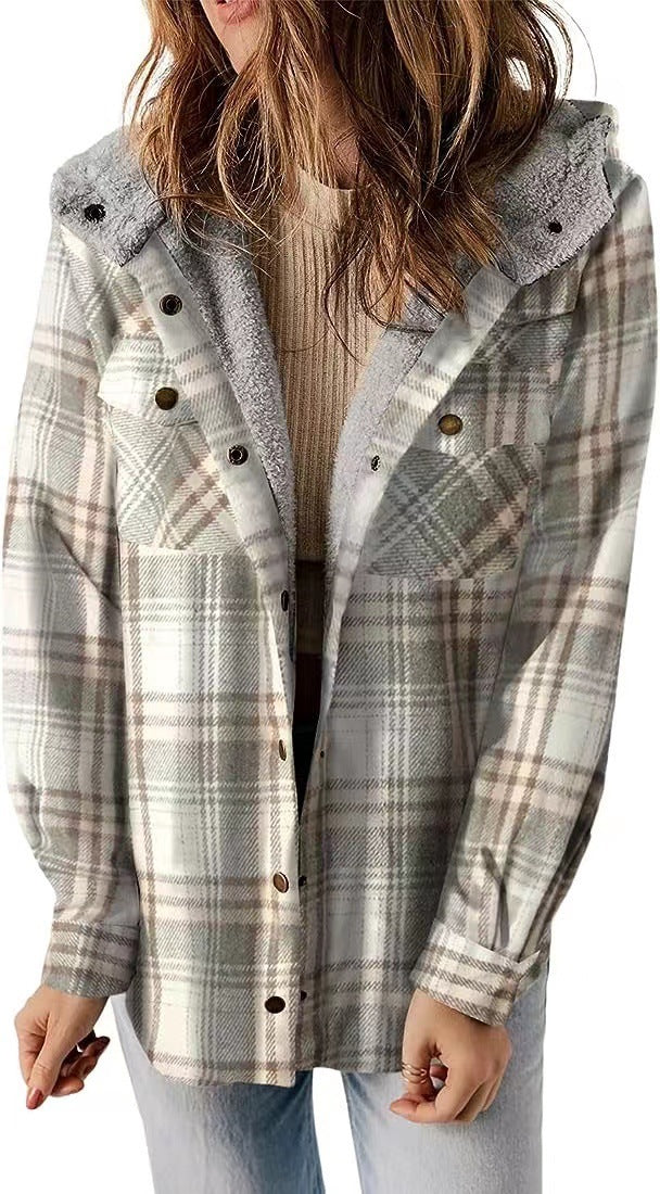 Casual Plaid Hooded Wool Coat with Thick Fleece Lining