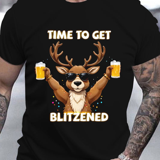 Men's Christmas Deer And Beer 3D Printed T-shirt - Casual Round Neck Short Sleeve, Breathable